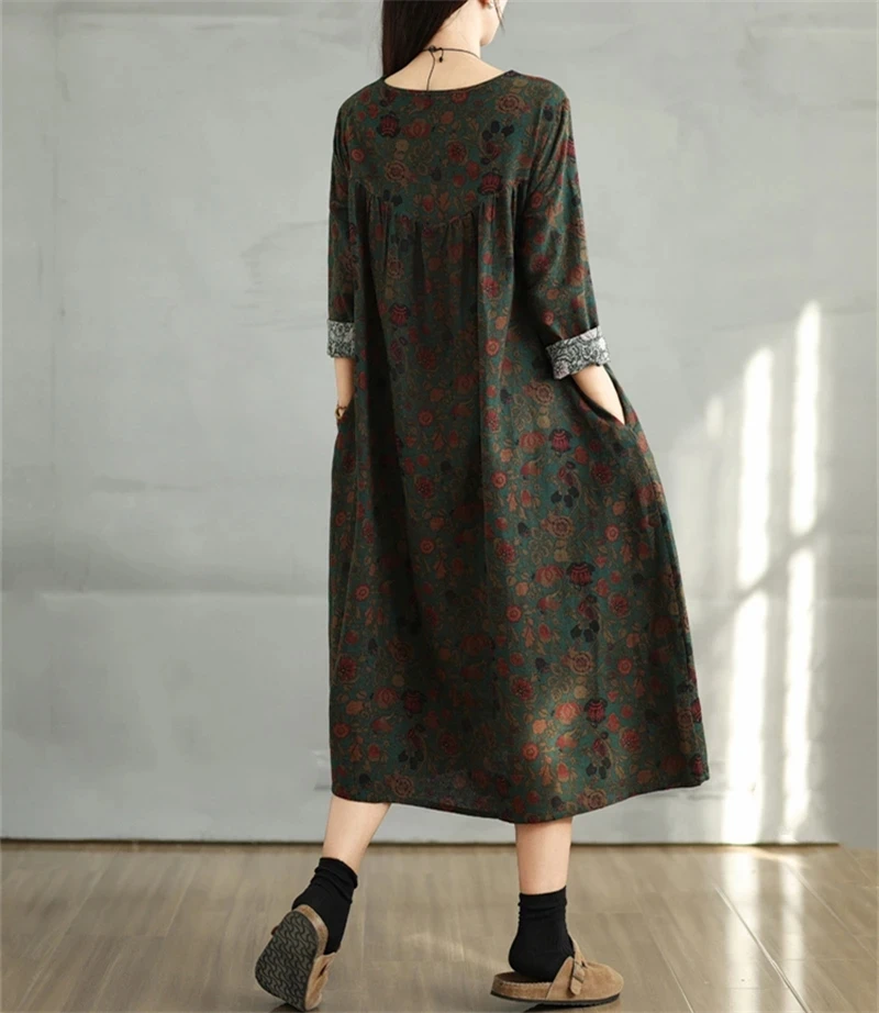 Cotton Vintage Print Floral Dresses 2026 Women Casual Loose Long Sleeve Dress Femme Robe Vestidos Elegant Spring Autumn Clothing