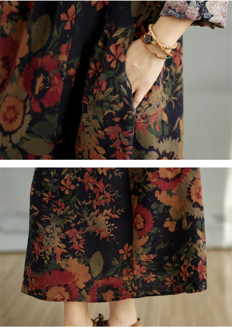 Cotton Vintage Print Floral Dresses 2026 Women Casual Loose Long Sleeve Dress Femme Robe Vestidos Elegant Spring Autumn Clothing