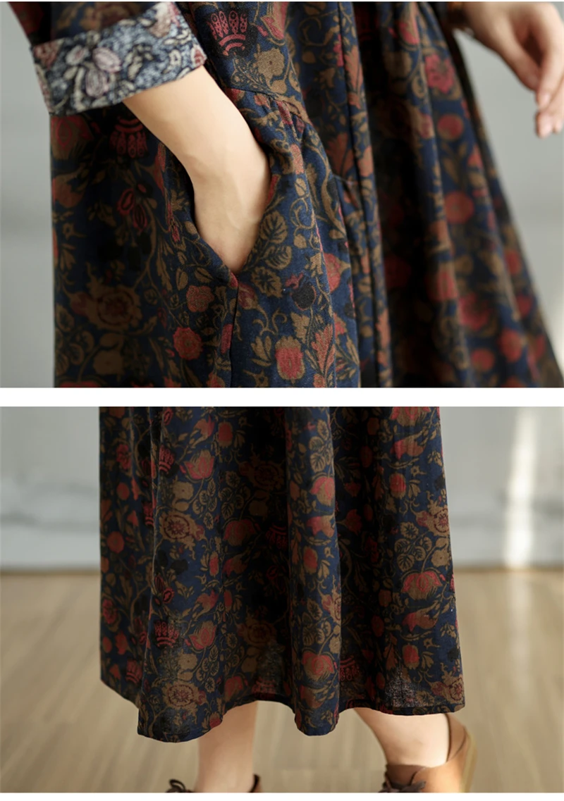 Cotton Vintage Print Floral Dresses 2026 Women Casual Loose Long Sleeve Dress Femme Robe Vestidos Elegant Spring Autumn Clothing