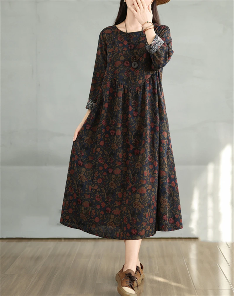 Cotton Vintage Print Floral Dresses 2026 Women Casual Loose Long Sleeve Dress Femme Robe Vestidos Elegant Spring Autumn Clothing