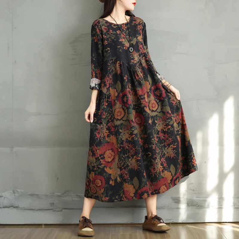 Cotton Vintage Print Floral Dresses 2026 Women Casual Loose Long Sleeve Dress Femme Robe Vestidos Elegant Spring Autumn Clothing
