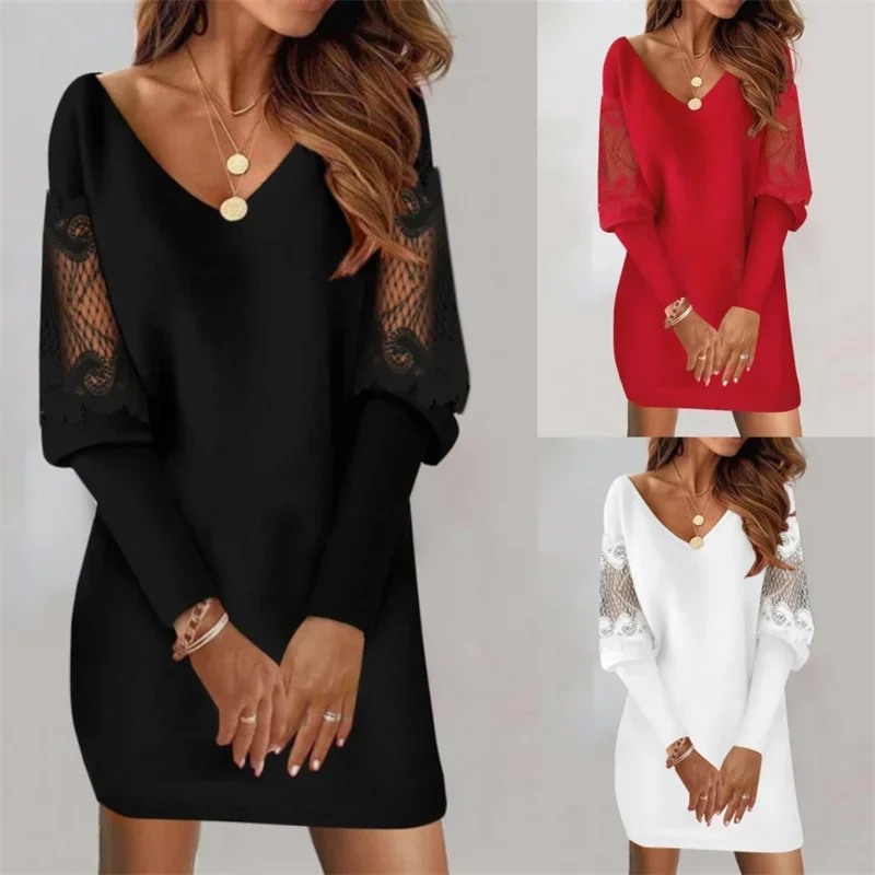 Fashion V-neck Lace Parchwork Long Sleeve Mini Dress Women 2024 Autumn Sexy Elegant Black Office Solid Dresses For Women Spring