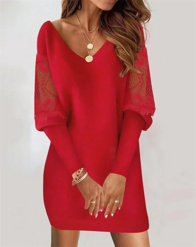 Fashion V-neck Lace Parchwork Long Sleeve Mini Dress Women 2024 Autumn Sexy Elegant Black Office Solid Dresses For Women Spring