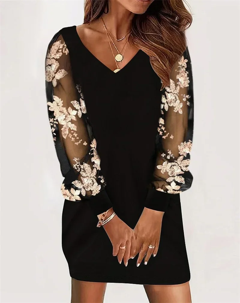 Fashion V-neck Lace Parchwork Long Sleeve Mini Dress Women 2024 Autumn Sexy Elegant Black Office Solid Dresses For Women Spring