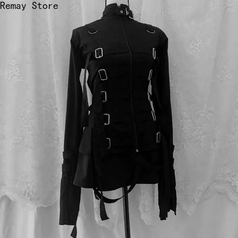Gothic Dark 2000s Aesthetic Women's Dress Subculture Vintage Cross-shaped Metal Fastener Long-sleeved Harajuku Japanese Dresses