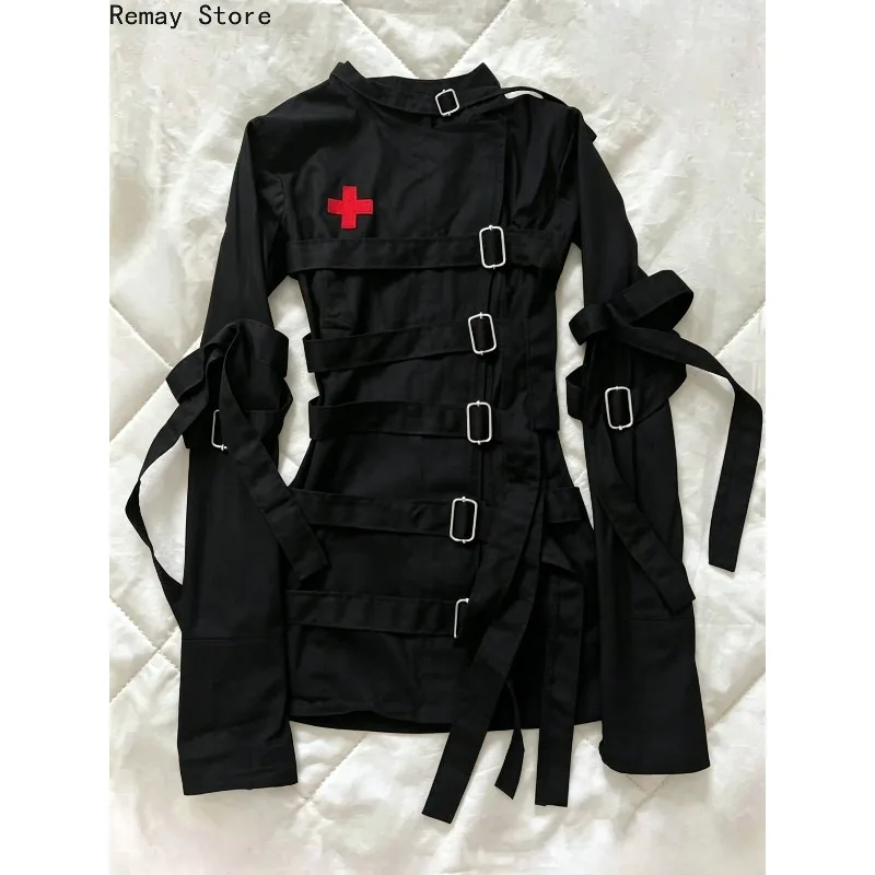 Gothic Dark 2000s Aesthetic Women's Dress Subculture Vintage Cross-shaped Metal Fastener Long-sleeved Harajuku Japanese Dresses
