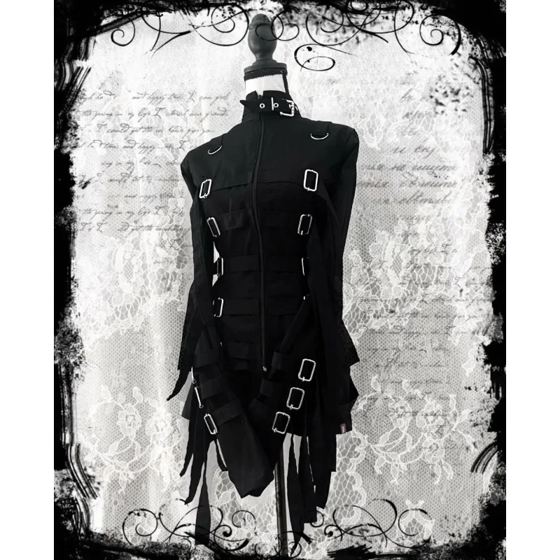 Gothic Dark 2000s Aesthetic Women's Dress Subculture Vintage Cross-shaped Metal Fastener Long-sleeved Harajuku Japanese Dresses