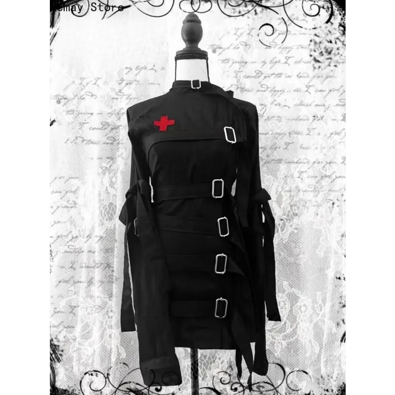 Gothic Dark 2000s Aesthetic Women's Dress Subculture Vintage Cross-shaped Metal Fastener Long-sleeved Harajuku Japanese Dresses