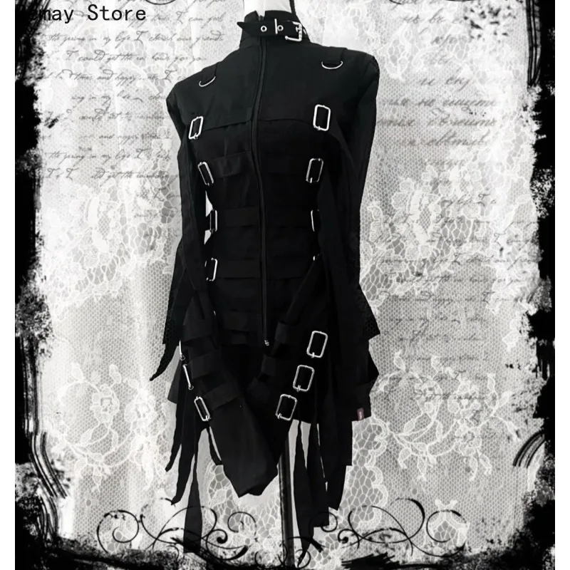 Gothic Dark 2000s Aesthetic Women's Dress Subculture Vintage Cross-shaped Metal Fastener Long-sleeved Harajuku Japanese Dresses