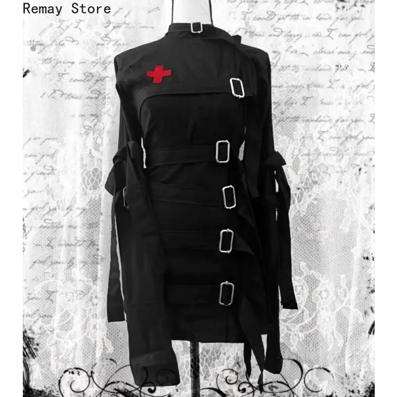 Gothic Dark 2000s Aesthetic Women's Dress Subculture Vintage Cross-shaped Metal Fastener Long-sleeved Harajuku Japanese Dresses