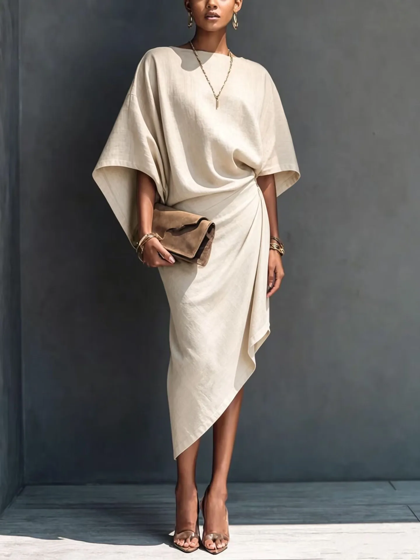 Elegant Women Linen Dress Batwing Sleeve Draped Wrap Design Asymmetrical Midi Dress Loose Fit Summer Office Evening Party Outfit