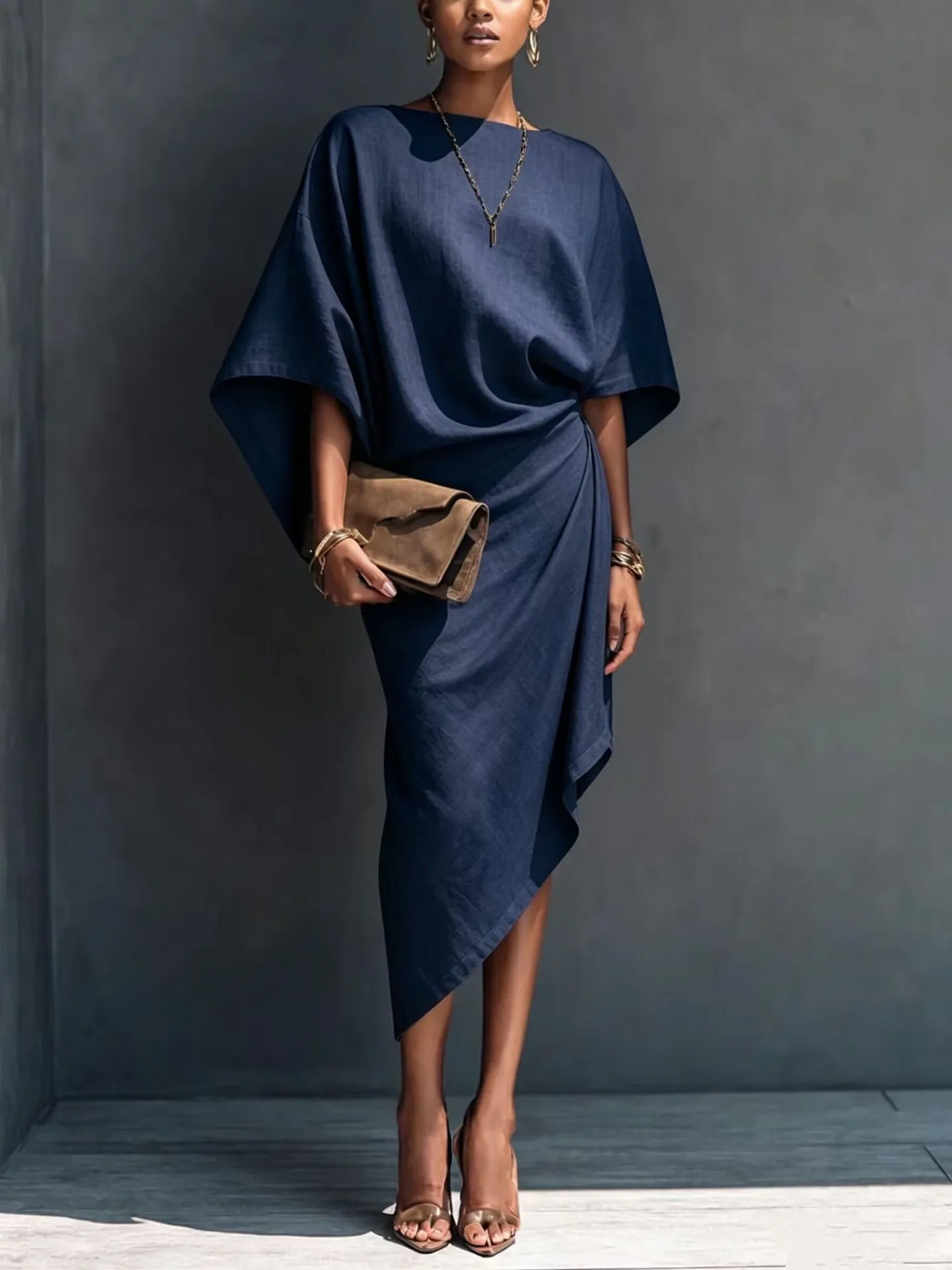 Elegant Women Linen Dress Batwing Sleeve Draped Wrap Design Asymmetrical Midi Dress Loose Fit Summer Office Evening Party Outfit