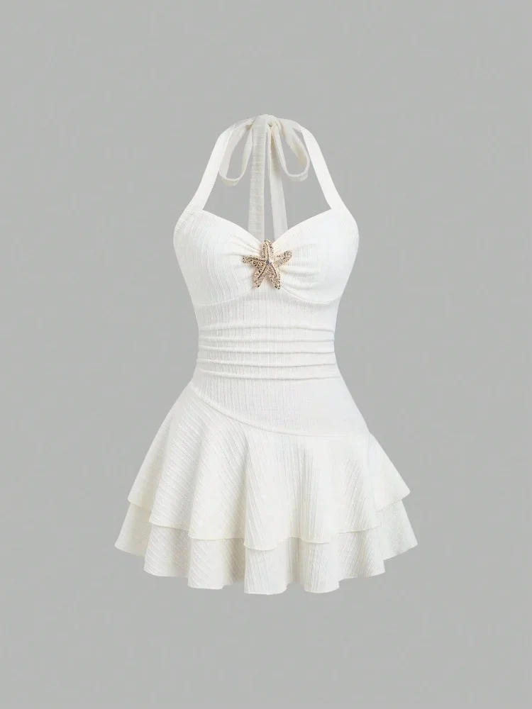 Sweetheart Neck Starfish Front Halter Dress for Women Summer Sexy Elegant Backless A-line Pleating Dresses