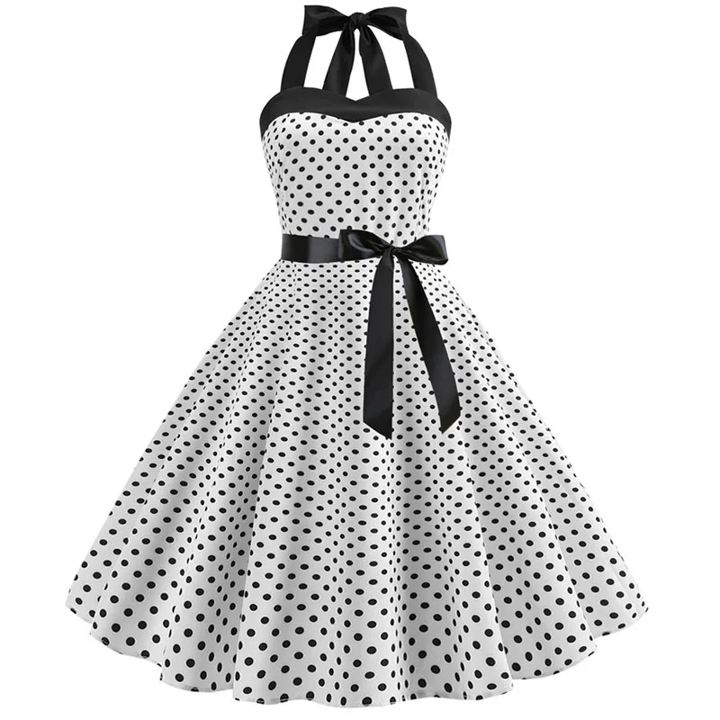 Sexy Retro White Polka Dot Dress Hepburn Vintage Halter Party Dress 50s 60s Pin Up Rockabilly Robe