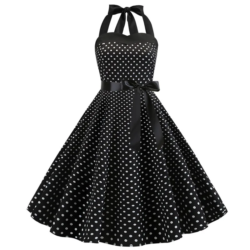 Sexy Retro White Polka Dot Dress Hepburn Vintage Halter Party Dress 50s 60s Pin Up Rockabilly Robe