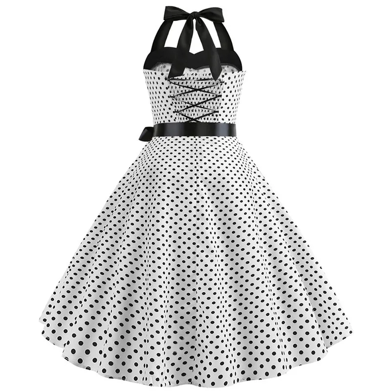 Sexy Retro White Polka Dot Dress Hepburn Vintage Halter Party Dress 50s 60s Pin Up Rockabilly Robe