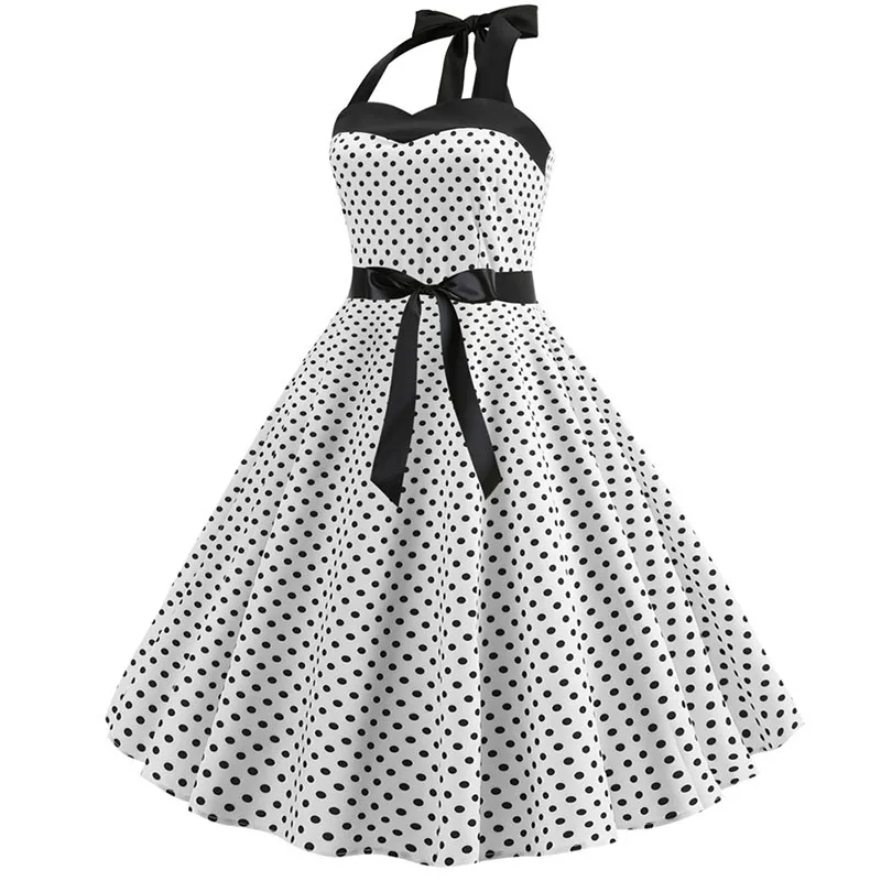 Sexy Retro White Polka Dot Dress Hepburn Vintage Halter Party Dress 50s 60s Pin Up Rockabilly Robe