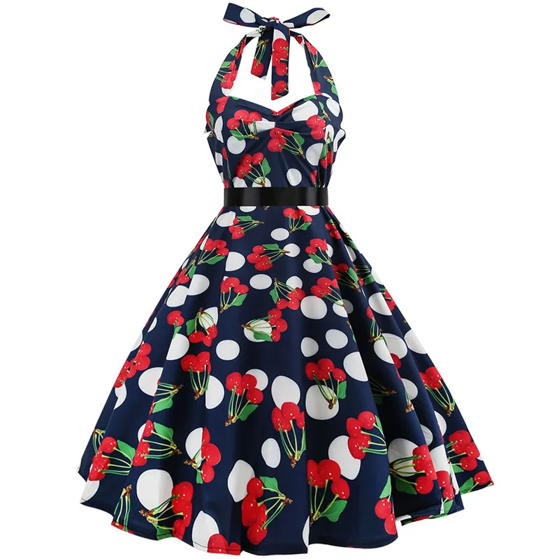 Sexy Retro White Polka Dot Dress Hepburn Vintage Halter Party Dress 50s 60s Pin Up Rockabilly Robe