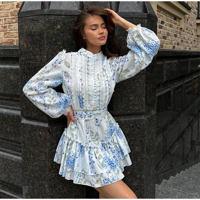 Casual Print Mini Dress Women Loose O Neck Long Sleeves Belt Lace Vestidos Female 2025 Summer Fashion Chic Ruffles Dresses