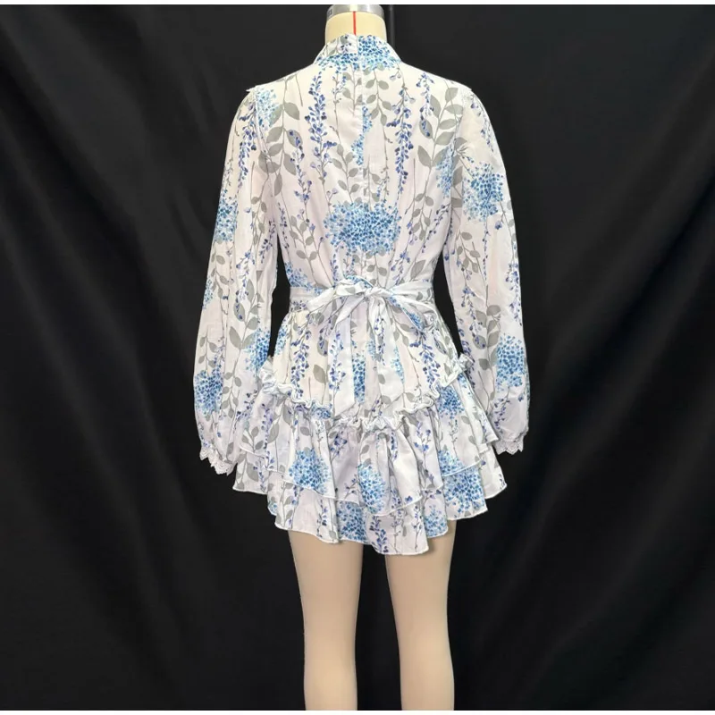 Casual Print Mini Dress Women Loose O Neck Long Sleeves Belt Lace Vestidos Female 2025 Summer Fashion Chic Ruffles Dresses