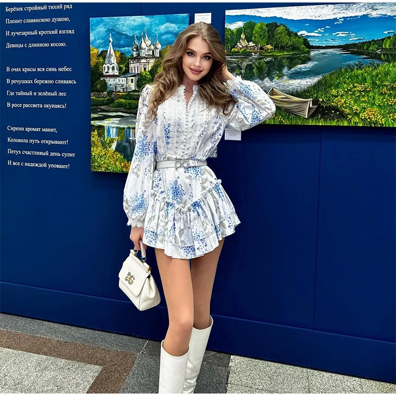 Casual Print Mini Dress Women Loose O Neck Long Sleeves Belt Lace Vestidos Female 2025 Summer Fashion Chic Ruffles Dresses