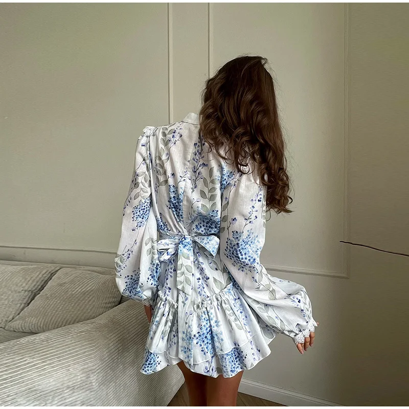 Casual Print Mini Dress Women Loose O Neck Long Sleeves Belt Lace Vestidos Female 2025 Summer Fashion Chic Ruffles Dresses