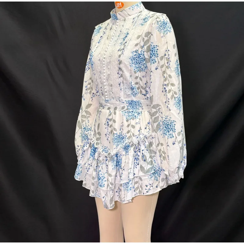 Casual Print Mini Dress Women Loose O Neck Long Sleeves Belt Lace Vestidos Female 2025 Summer Fashion Chic Ruffles Dresses