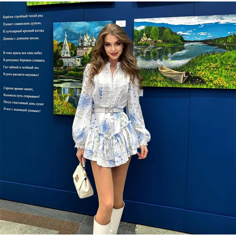 Casual Print Mini Dress Women Loose O Neck Long Sleeves Belt Lace Vestidos Female 2025 Summer Fashion Chic Ruffles Dresses