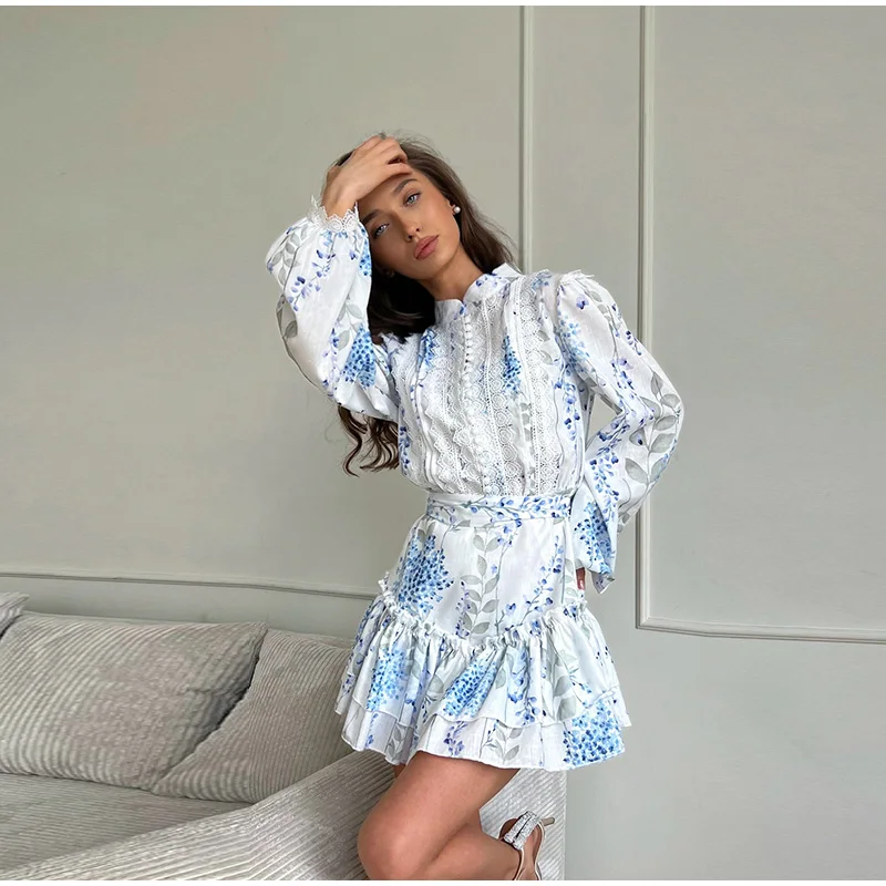Casual Print Mini Dress Women Loose O Neck Long Sleeves Belt Lace Vestidos Female 2025 Summer Fashion Chic Ruffles Dresses