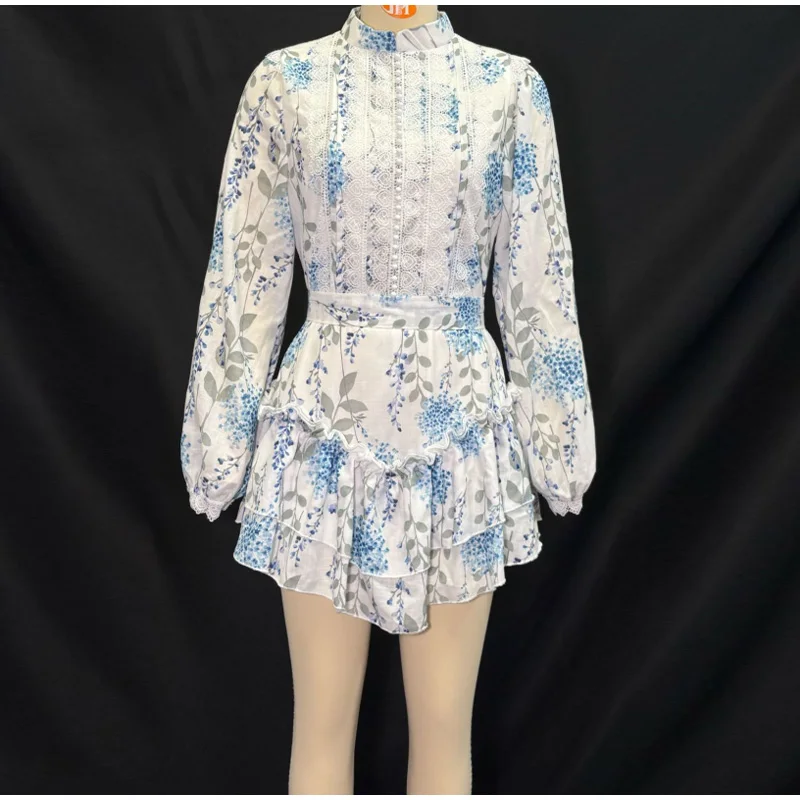 Casual Print Mini Dress Women Loose O Neck Long Sleeves Belt Lace Vestidos Female 2025 Summer Fashion Chic Ruffles Dresses