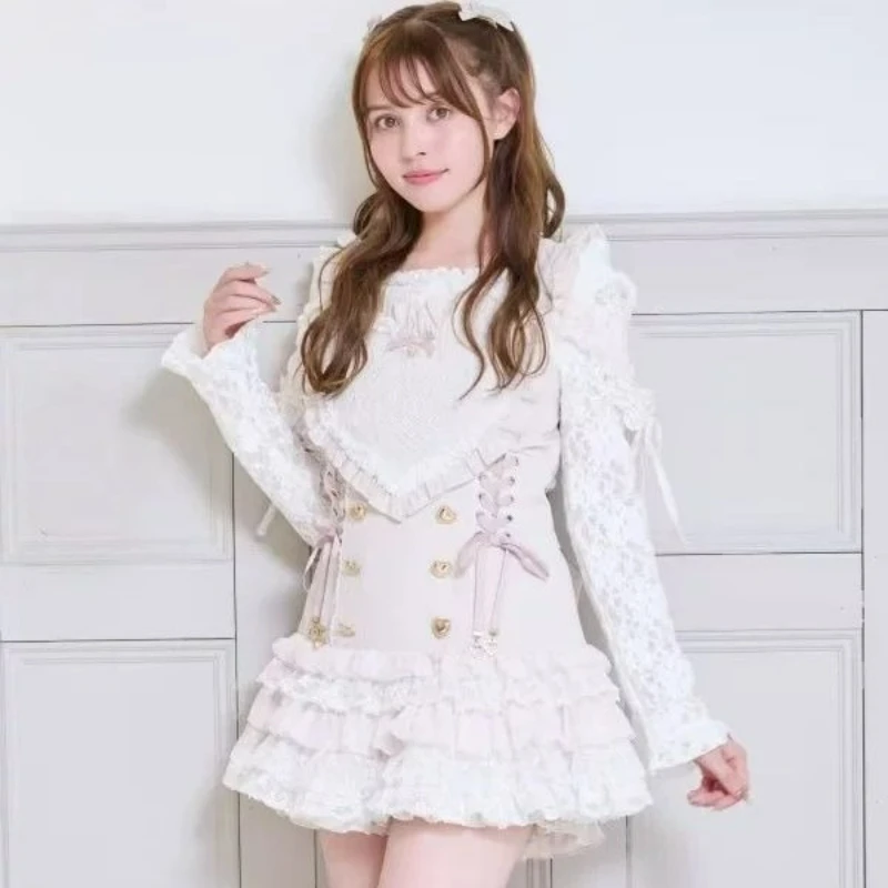 Japanese Style Lolita Dress Set Women Vintage Sweet Lace Embroidery Bow Plaid Strap Dresses Harajuku Y2k Ruffle Mini Cake Skirts