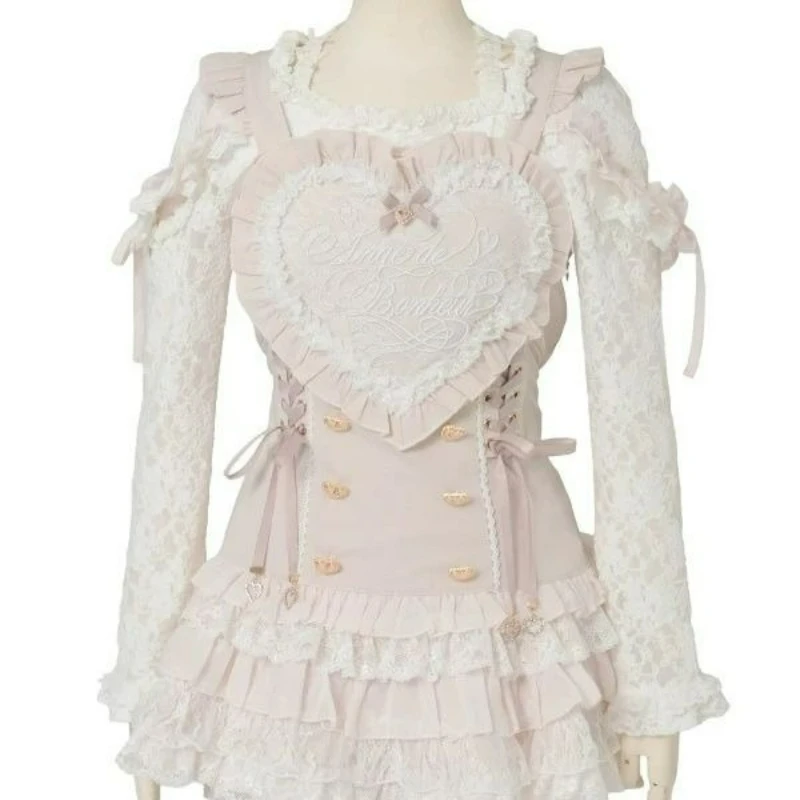 Japanese Style Lolita Dress Set Women Vintage Sweet Lace Embroidery Bow Plaid Strap Dresses Harajuku Y2k Ruffle Mini Cake Skirts