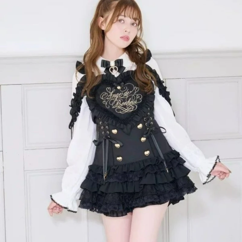 Japanese Style Lolita Dress Set Women Vintage Sweet Lace Embroidery Bow Plaid Strap Dresses Harajuku Y2k Ruffle Mini Cake Skirts