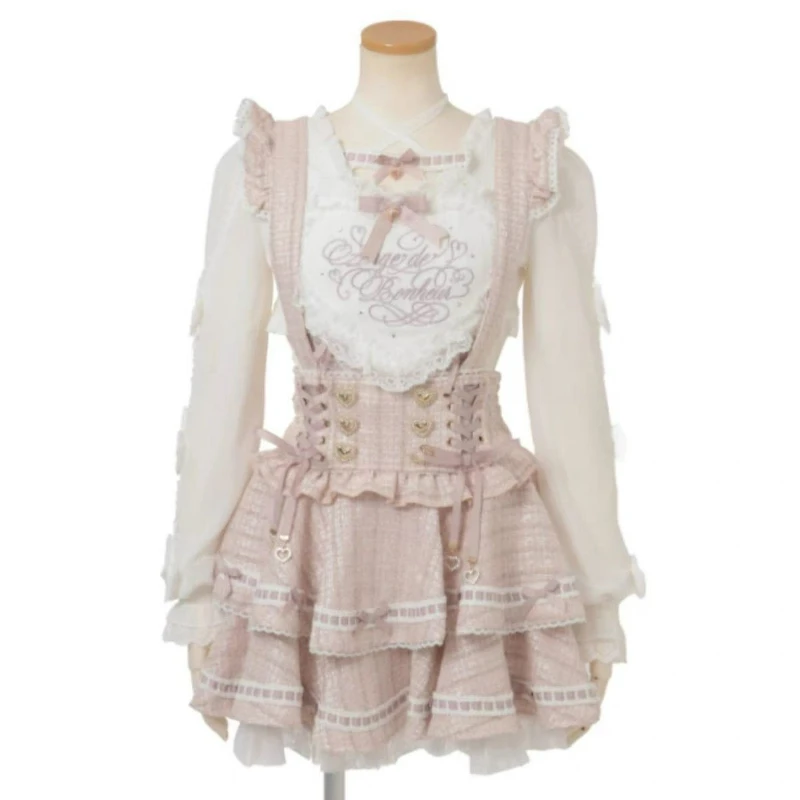Japanese Style Lolita Dress Set Women Vintage Sweet Lace Embroidery Bow Plaid Strap Dresses Harajuku Y2k Ruffle Mini Cake Skirts
