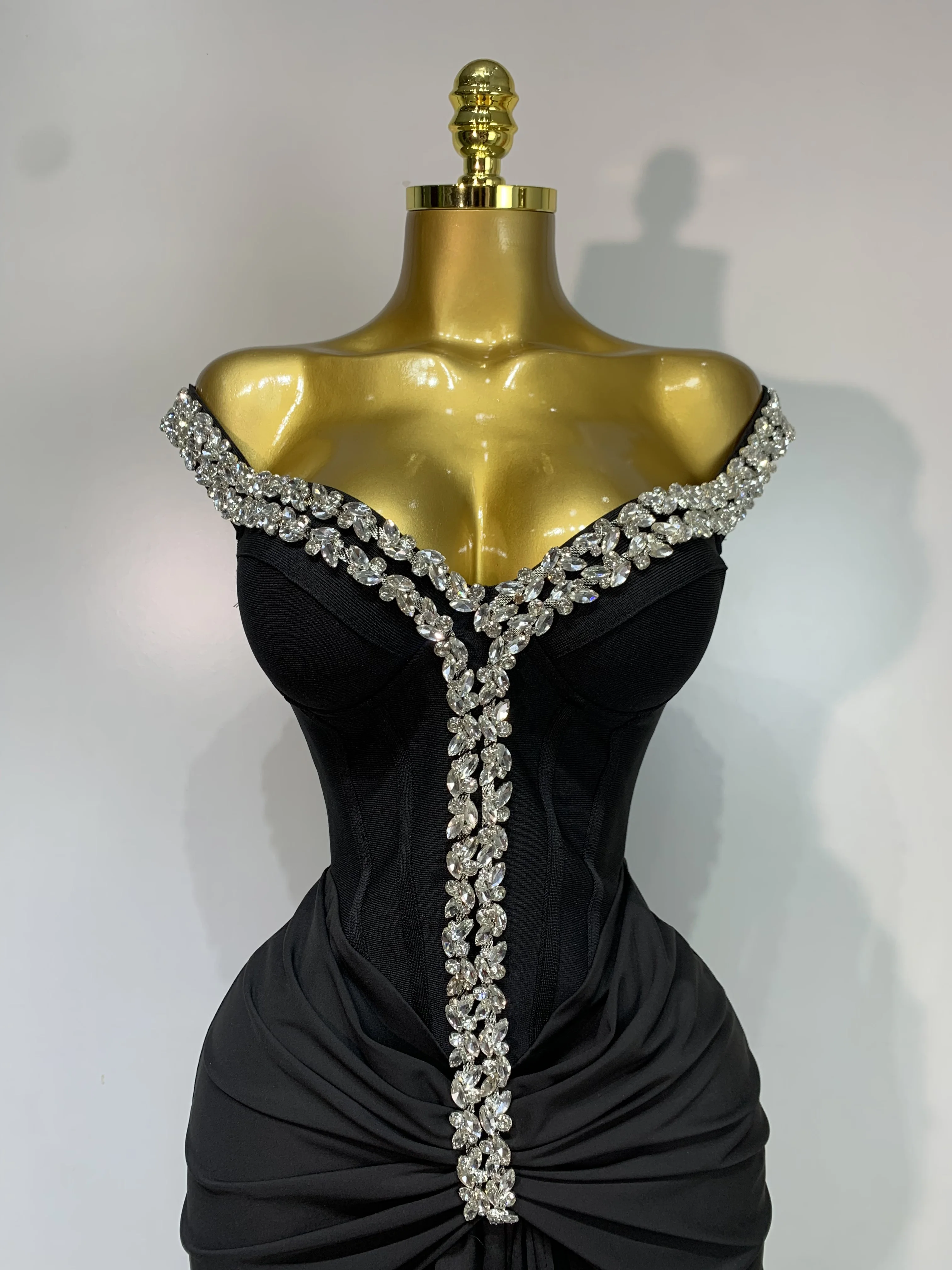 Women Sexy Off Shoulder Shinning Diamond Bodycon Long Bandage Dresses Elegant Evening Party Birthday Cocktail Wedding Gowns