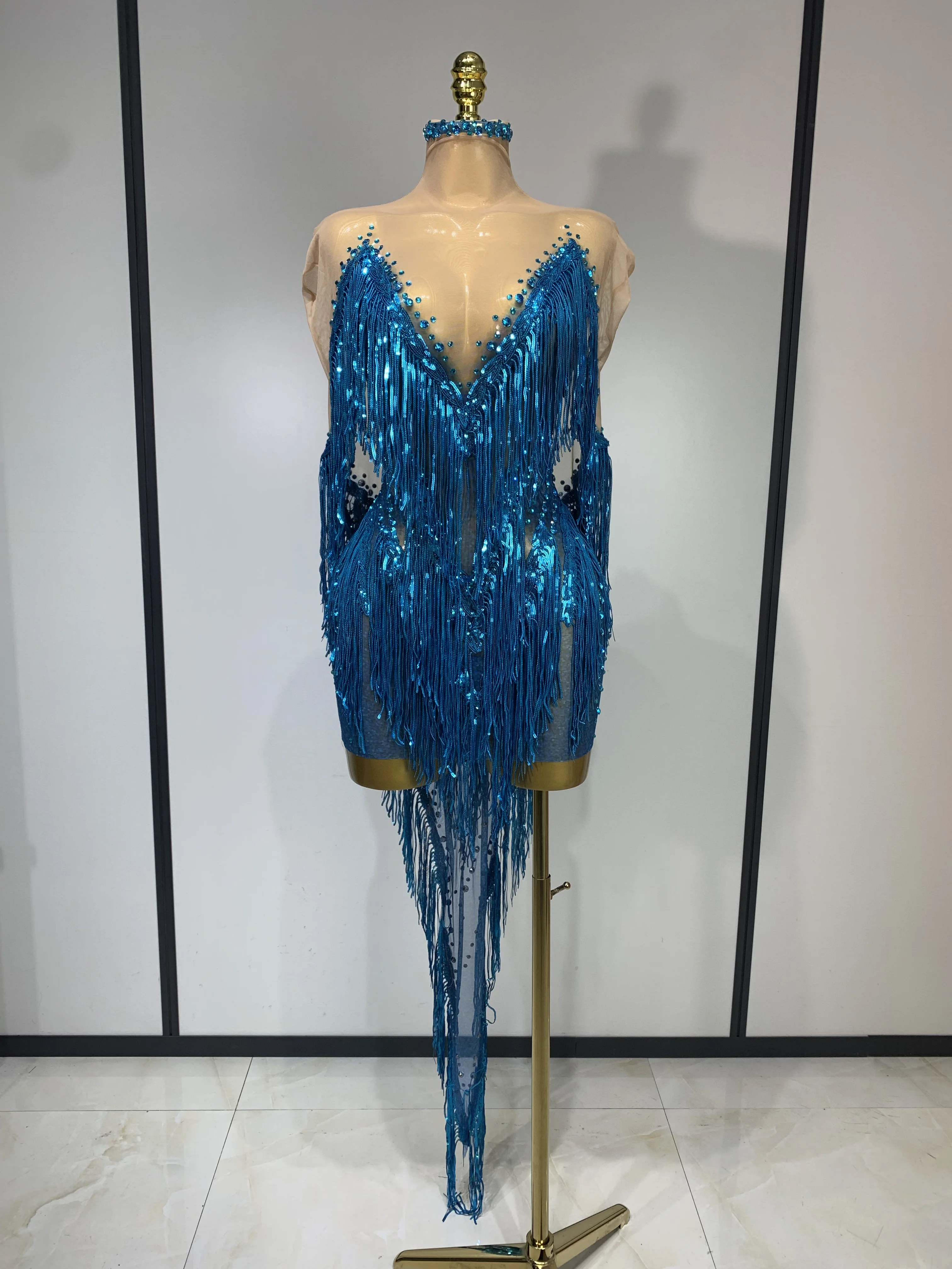Sexy Sparkly Rhinestone Sequins Tassel Mesh Transparent Dress Women Evening Birthday Party Nightclub Dance Singer Stage Outfit