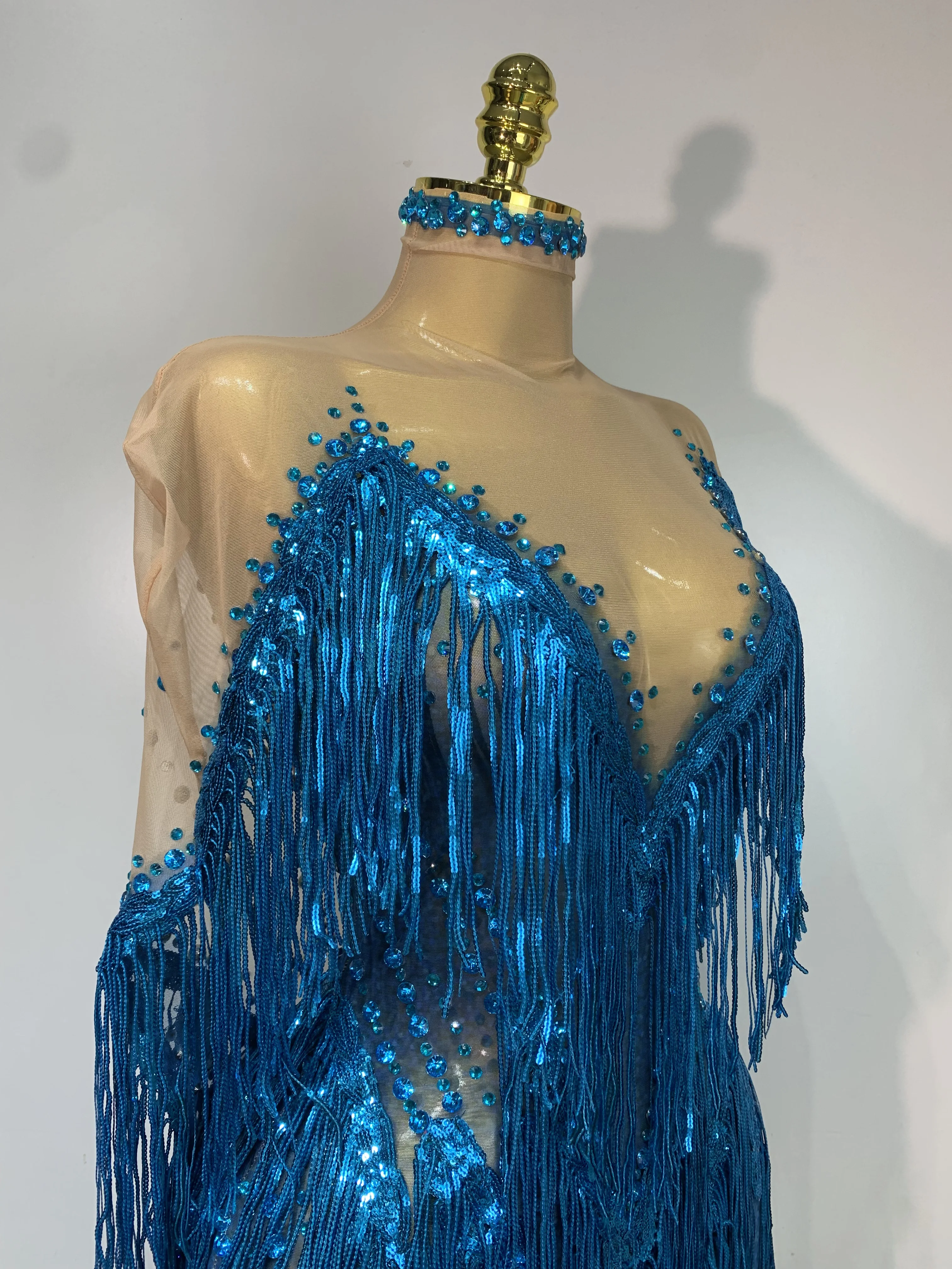 Sexy Sparkly Rhinestone Sequins Tassel Mesh Transparent Dress Women Evening Birthday Party Nightclub Dance Singer Stage Outfit