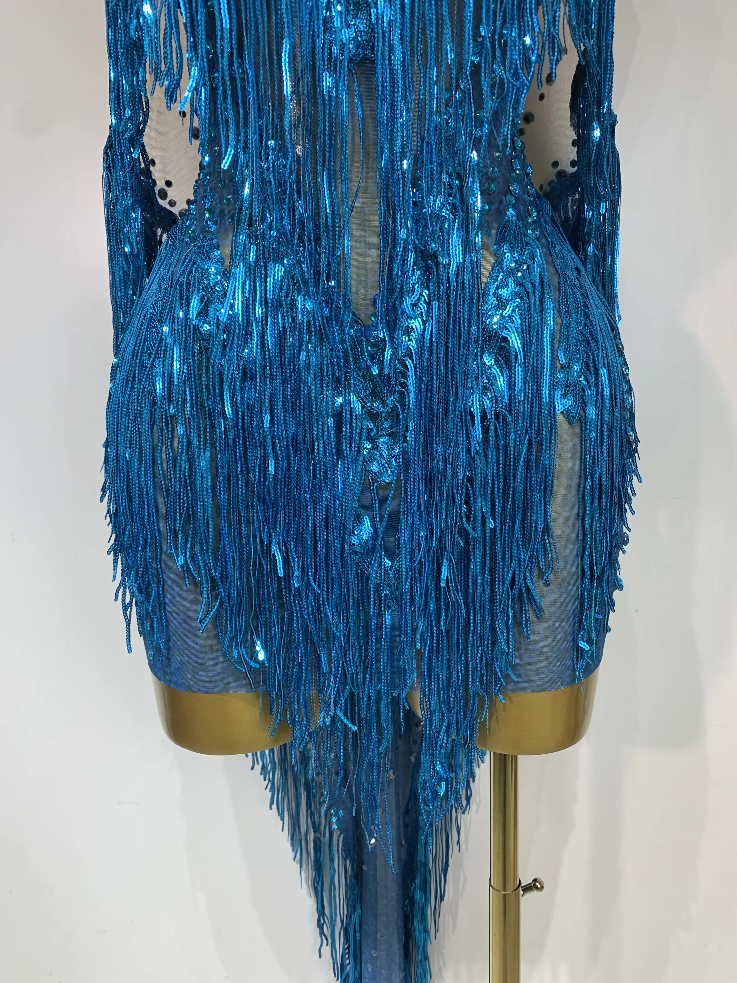 Sexy Sparkly Rhinestone Sequins Tassel Mesh Transparent Dress Women Evening Birthday Party Nightclub Dance Singer Stage Outfit