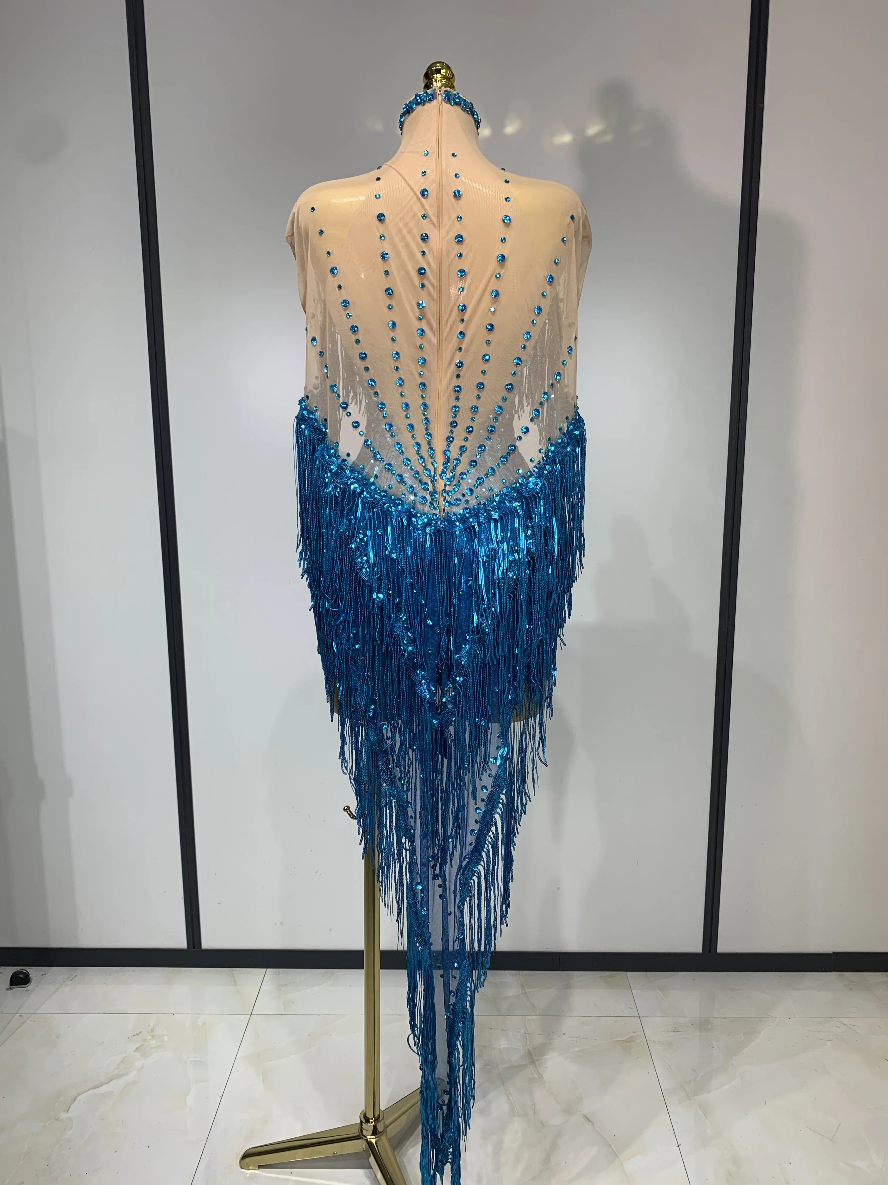 Sexy Sparkly Rhinestone Sequins Tassel Mesh Transparent Dress Women Evening Birthday Party Nightclub Dance Singer Stage Outfit
