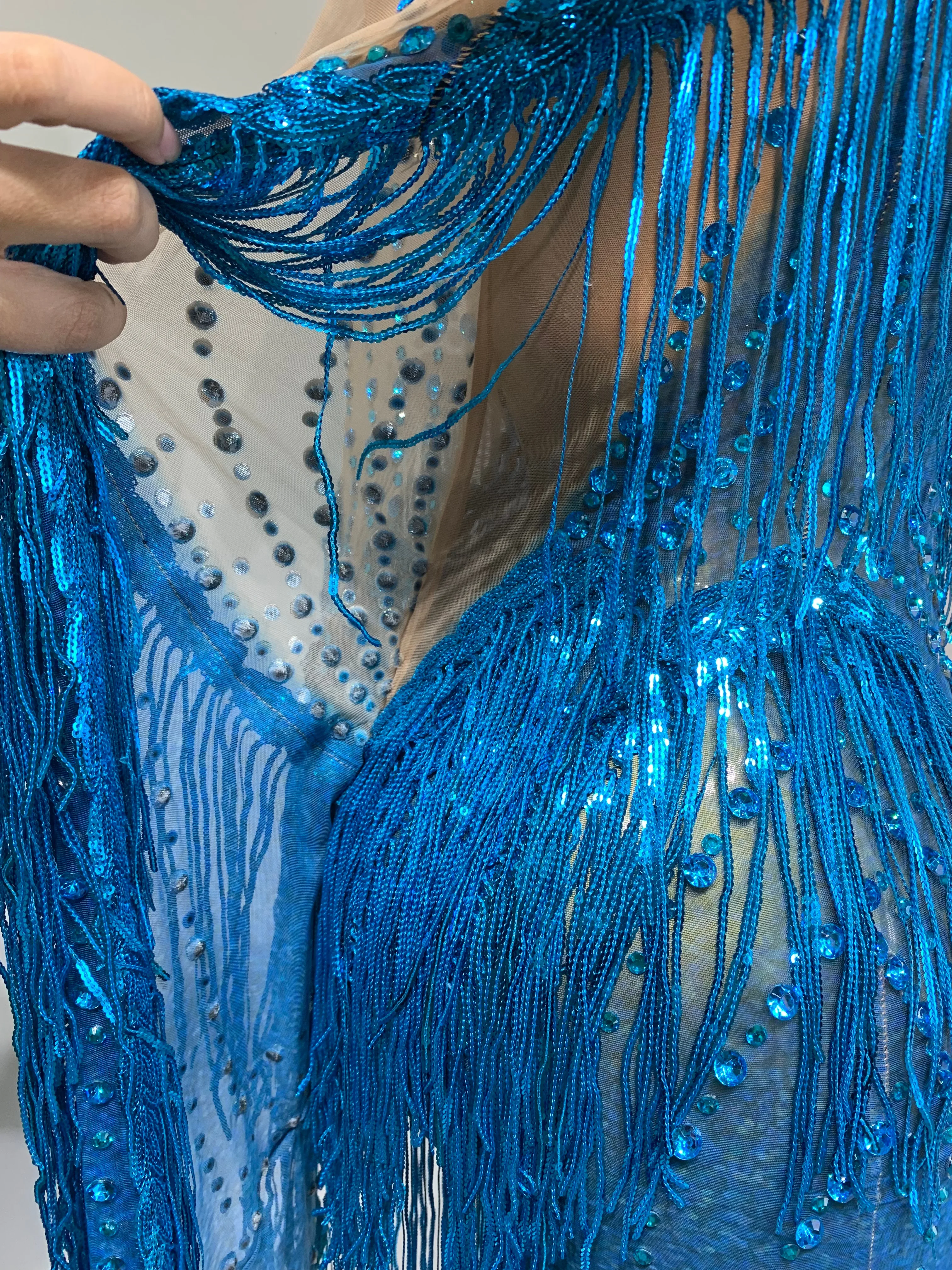 Sexy Sparkly Rhinestone Sequins Tassel Mesh Transparent Dress Women Evening Birthday Party Nightclub Dance Singer Stage Outfit