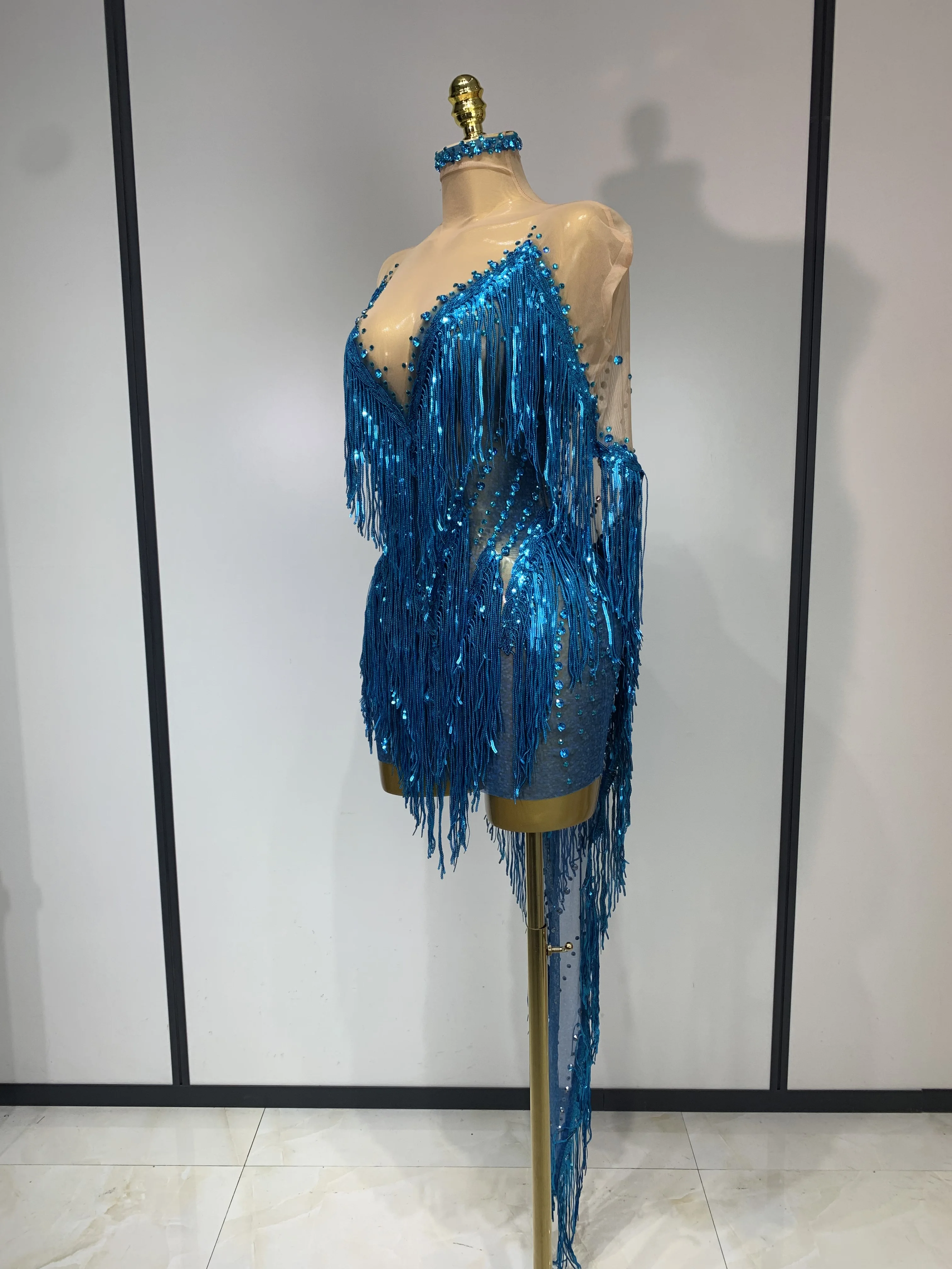 Sexy Sparkly Rhinestone Sequins Tassel Mesh Transparent Dress Women Evening Birthday Party Nightclub Dance Singer Stage Outfit