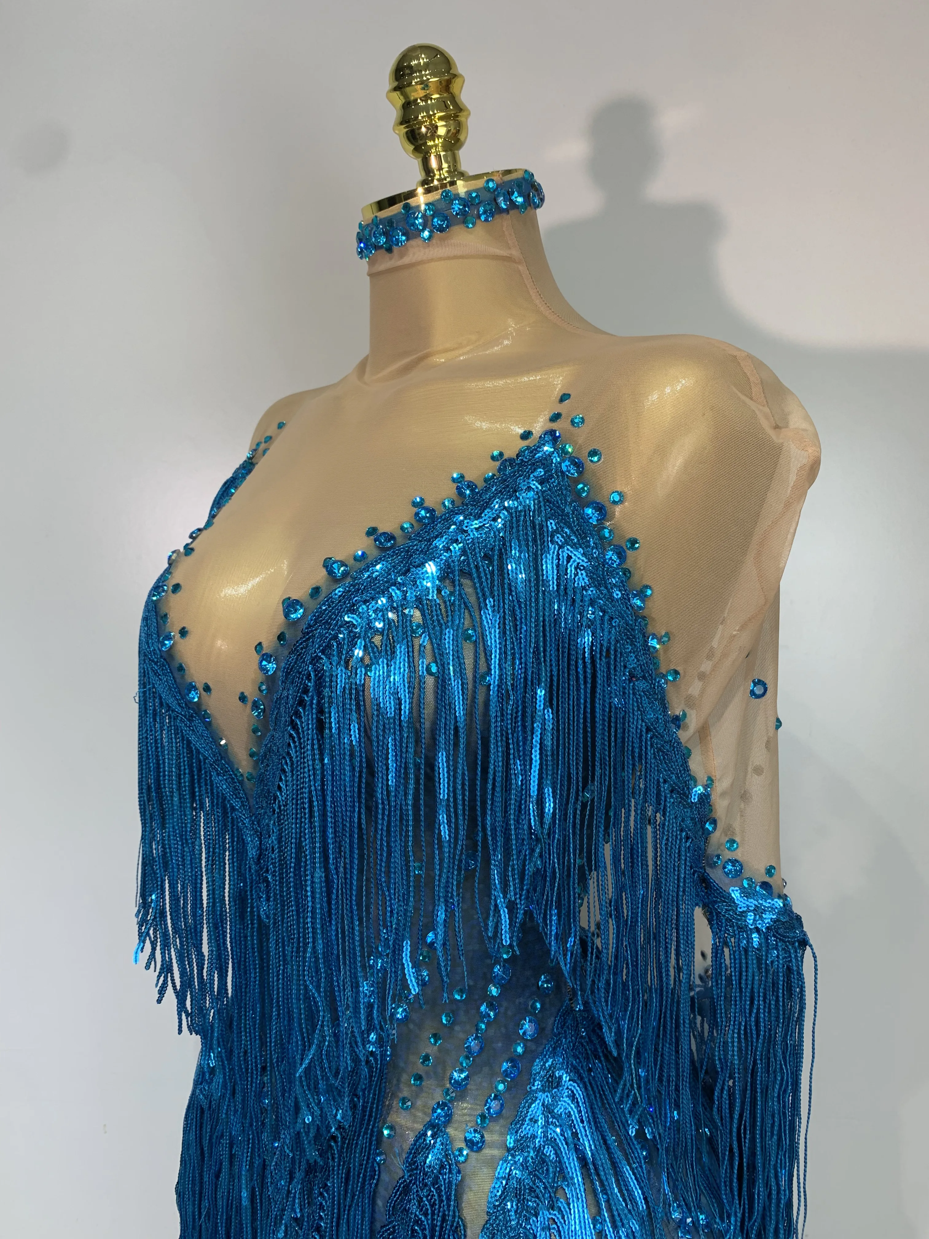 Sexy Sparkly Rhinestone Sequins Tassel Mesh Transparent Dress Women Evening Birthday Party Nightclub Dance Singer Stage Outfit