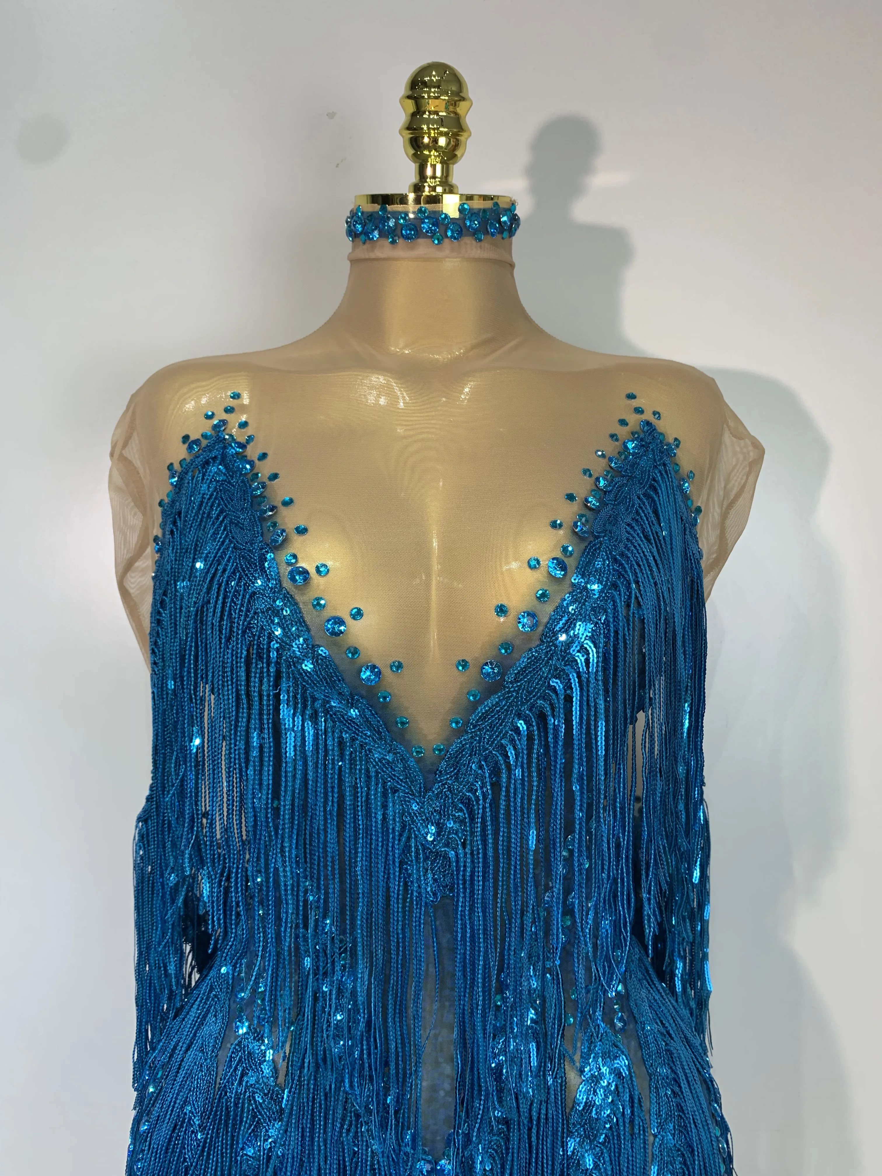 Sexy Sparkly Rhinestone Sequins Tassel Mesh Transparent Dress Women Evening Birthday Party Nightclub Dance Singer Stage Outfit