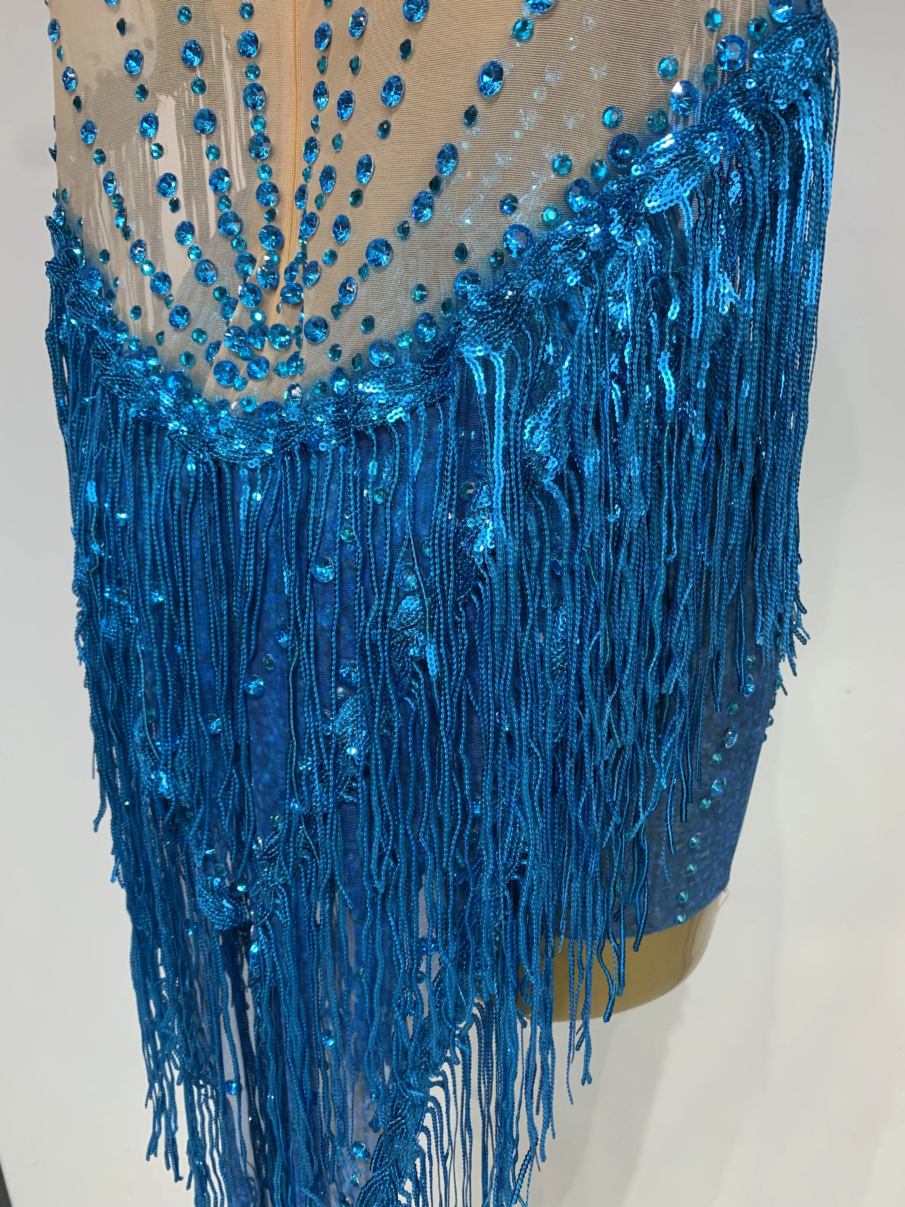Sexy Sparkly Rhinestone Sequins Tassel Mesh Transparent Dress Women Evening Birthday Party Nightclub Dance Singer Stage Outfit