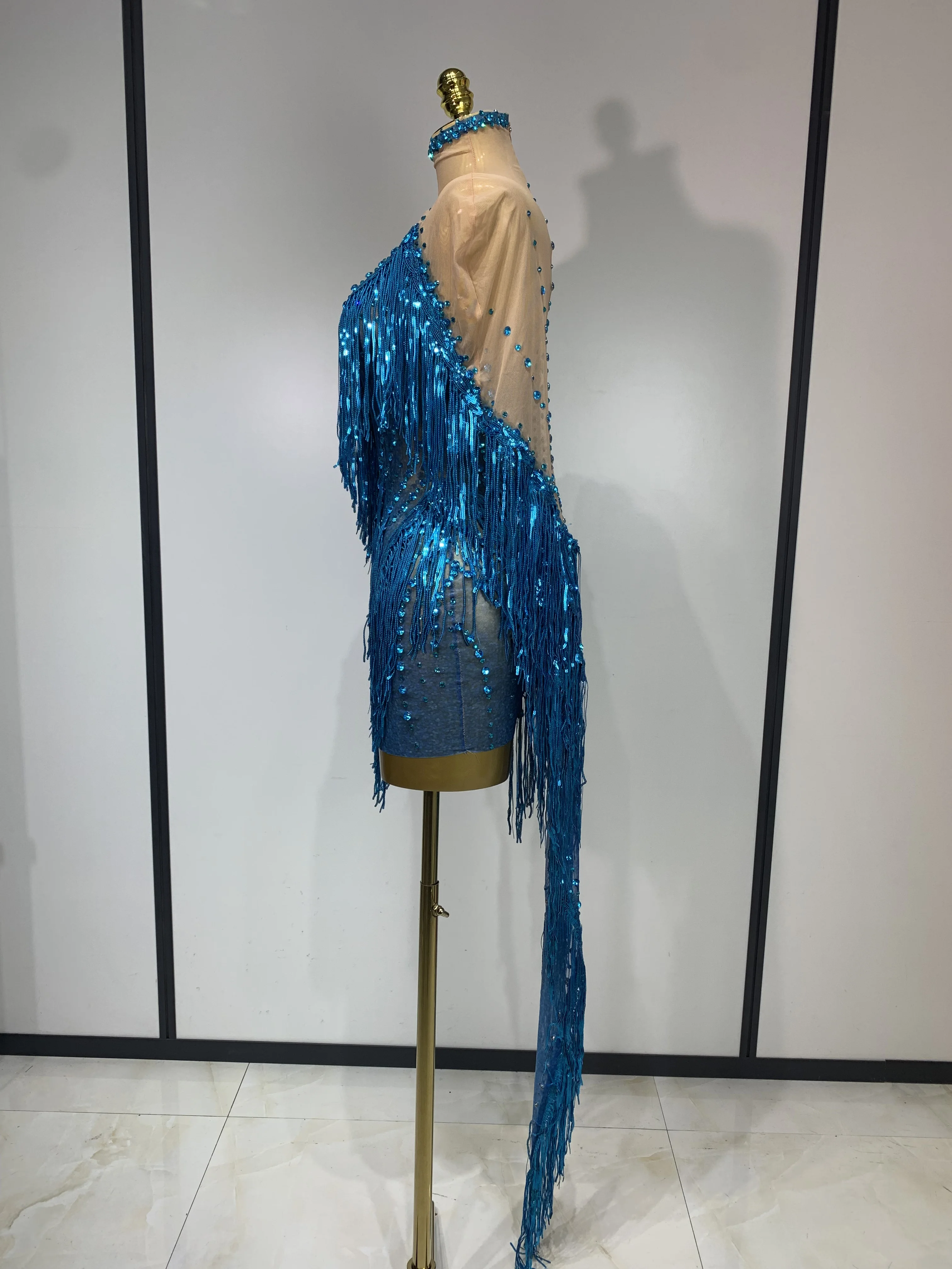Sexy Sparkly Rhinestone Sequins Tassel Mesh Transparent Dress Women Evening Birthday Party Nightclub Dance Singer Stage Outfit