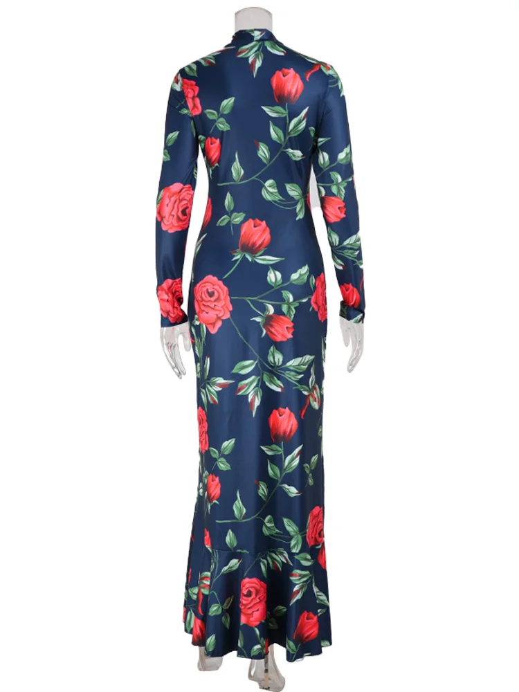 CNYISHE Flower Prints O Neck Women Dresses Sheath Trendy Fashion Elegant Evening Party Outfits Female Bodycon Long Sleeve Robes