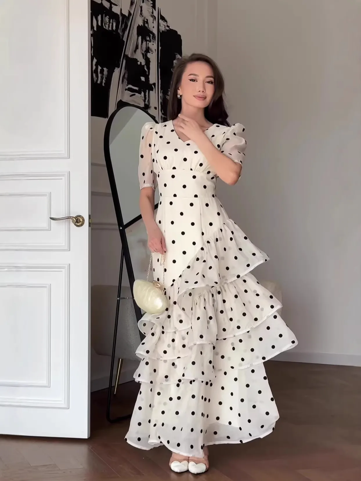 French Elegant Women's Polka Dot Dress Summer Fashion Retro V-neck Slim Short Sleeve Layered Ruffle Edge Lace-up Long Dresses
