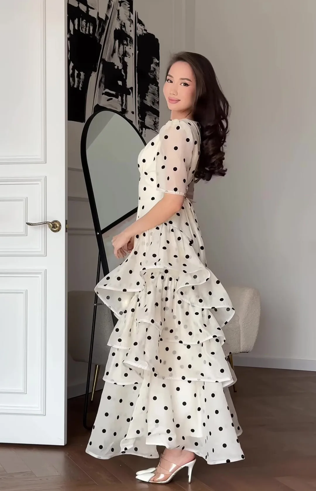 French Elegant Women's Polka Dot Dress Summer Fashion Retro V-neck Slim Short Sleeve Layered Ruffle Edge Lace-up Long Dresses