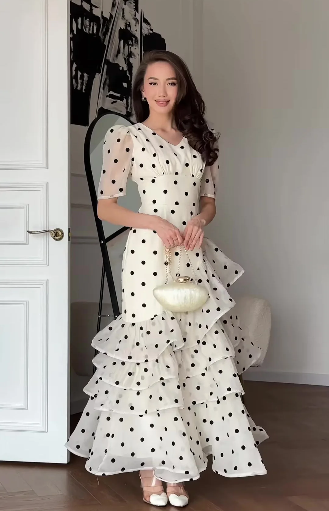 French Elegant Women's Polka Dot Dress Summer Fashion Retro V-neck Slim Short Sleeve Layered Ruffle Edge Lace-up Long Dresses