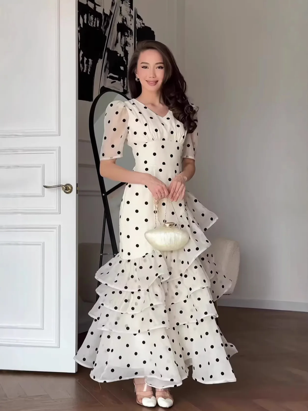 French Elegant Women's Polka Dot Dress Summer Fashion Retro V-neck Slim Short Sleeve Layered Ruffle Edge Lace-up Long Dresses